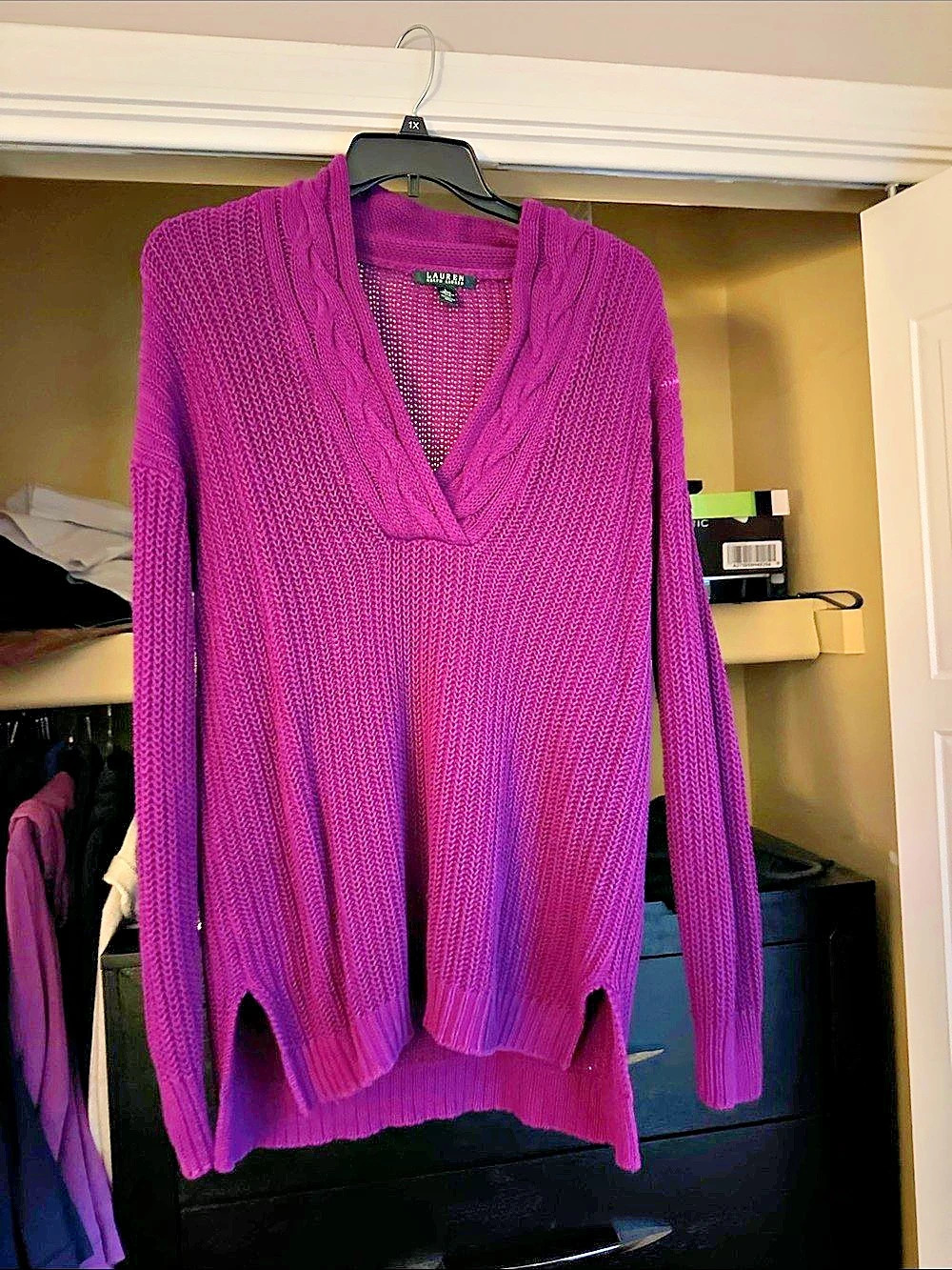 Lauren Ralph Lauren Cable-Knit Cotton Shawl-Collar Sweater Purple Large